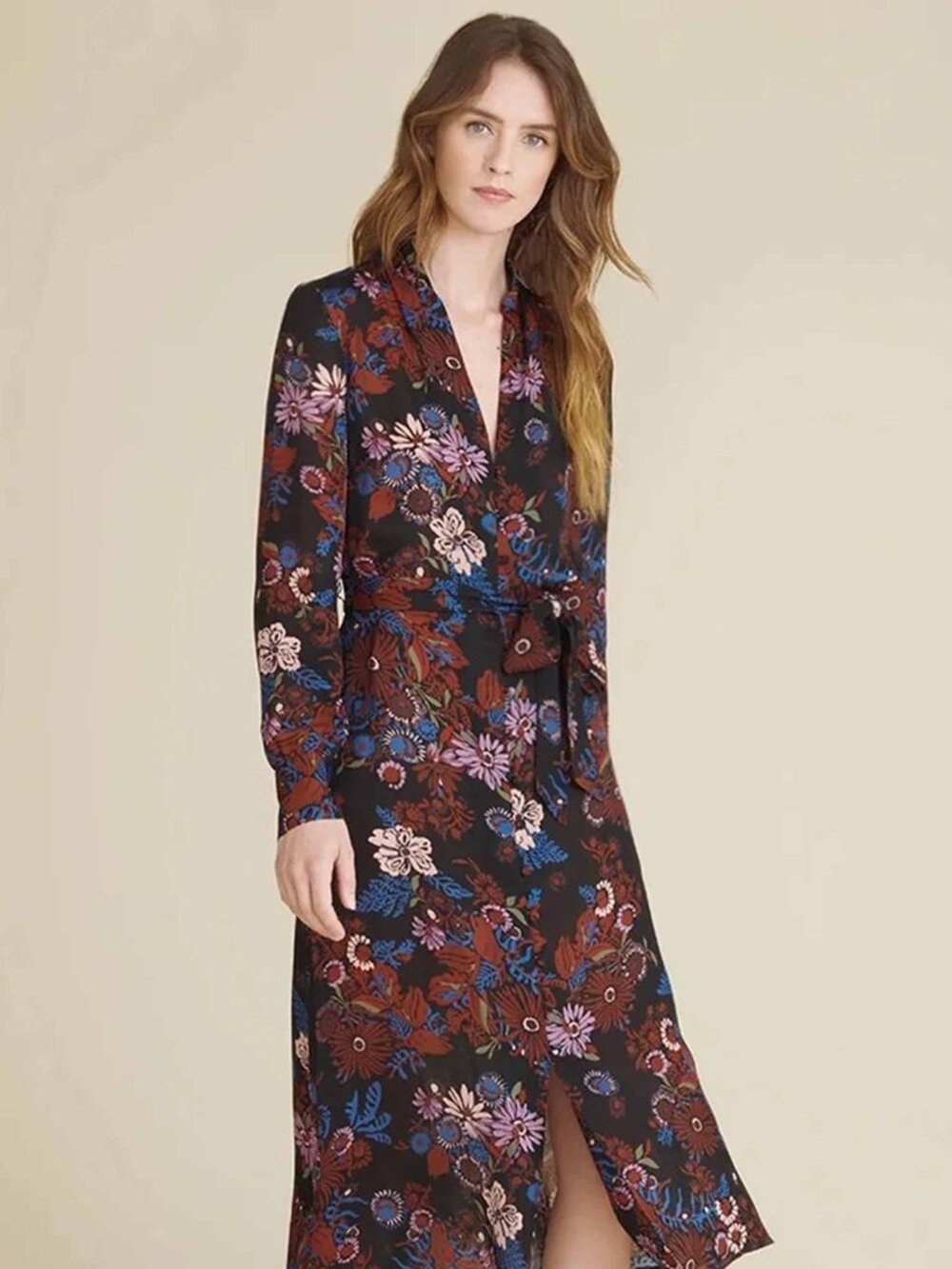 Veronica Beard Silk Leanne Midi Dress Long Sleeve Floral Print Multicolor